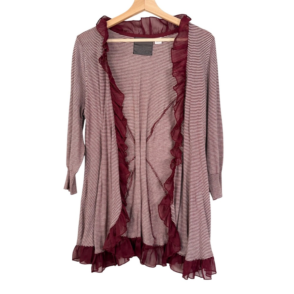 Guinevere Anthropologie Burgundy Striped Ruffle Trim Open‎ Front Cardigan Large